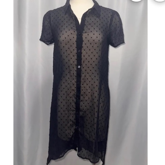 Elle black sheer button up high low short sleeve relaxed long shirt duster Small - Picture 13 of 16